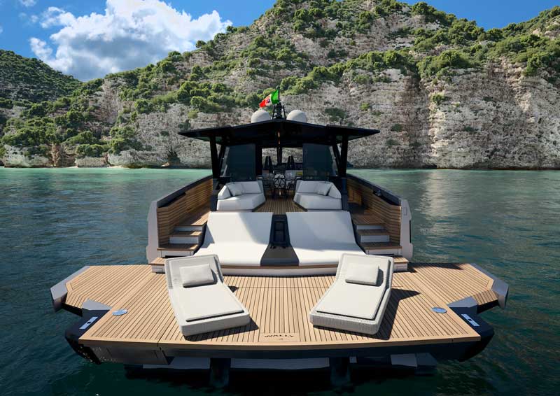 Amura,AmuraWorld,AmuraYachts, El área de playa puede aumentar de tamaño desplegando las “alas”.