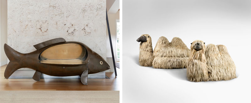 Amura,AmuraWorld,AmuraYachts, Izquierda: François-Xavier Lalanne (1927-2008), <em><i>Barra única 'Grande Carpe',</i></em> 1972. Chapa de hierro patinada, alpaca, madera pintada. Derecha: François-Xavier Lalanne (1927-2008), <em><i>Importante par de 'Chameaux',</i></em> 1974. Lana, cuero, aluminio patinado, metal pintado, goma espuma, madera.
