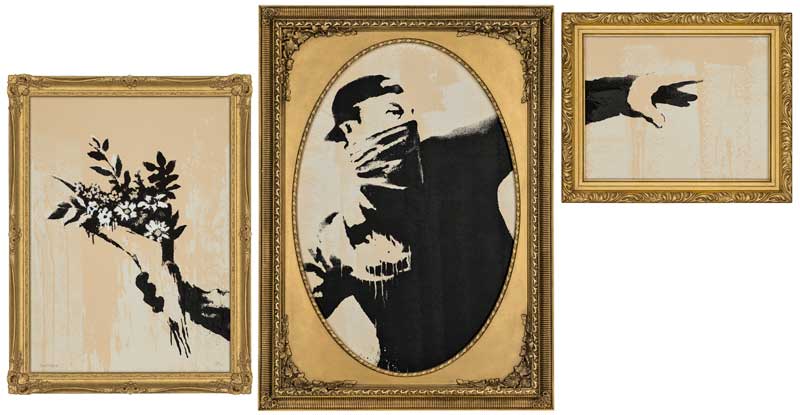 Amura,AmuraWorld,AmuraYachts, Banksy, <em><i>Flower Thrower Triptych</i></em><strong><em><b><i> </i></b></em></strong><em><i>(Grey)</i></em>. Conjunto de tres serigrafías a color, 2019, sobre cartón micronizado, firmadas y numeradas 293/300 a lápiz en el panel izquierdo, y numeradas adicionalmente en el reverso de los paneles central y derecho.