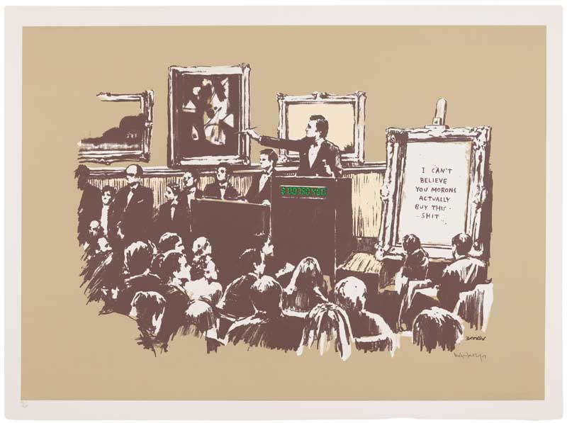 Amura,AmuraWorld,AmuraYachts, Banksy, <em><i>Morons (Sepia)</i></em>. Serigrafía a color, 2007, sobre papel verjurado Somerset, firmada, fechada y numerada 5/300 a lápiz.