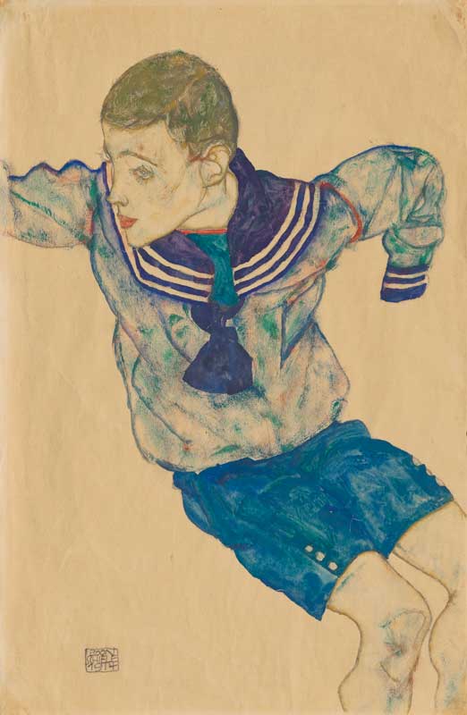 Amura,AmuraWorld,AmuraYachts, Egon Schiele (1890-1918), <em><i>Knabe in Matrosenanzug (Niño con traje de marinero)</i></em>, 1914. Gouache, acuarela, crayón de colores y lápiz sobre papel. 47.8 x 31.2 cm. Vendido por 3’307,000 libras.
