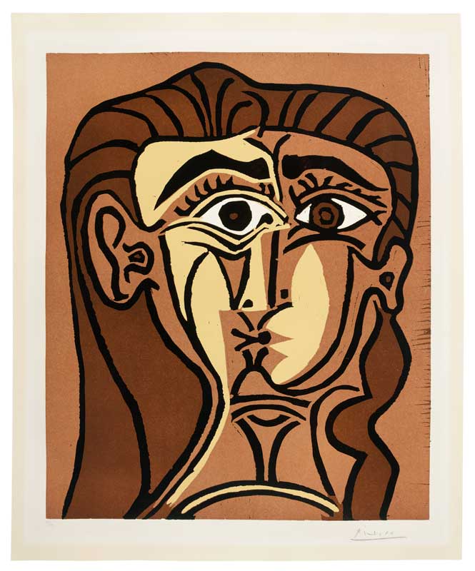 Amura,AmuraWorld,AmuraYachts, Pablo Picasso (1881-1973), <em><i>Retrato de Jacqueline de Face II,</i></em> 1962. Linograbado a color sobre papel Arches. Imagen enmarcada: 640 x 525 mm.