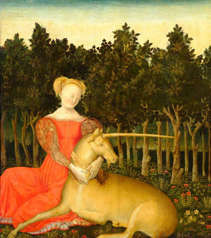 Amura,AmuraWorld,AmuraYachts, Maestro de la Historia de Helena (activo a mediados del siglo XV), Doncella con Unicornio. Temple y oro sobre madera. 100×90cm. Keresztény Múzeum, Esztergom. Foto: © Keresztény Múzeum, Esztergom / Attila Mudrák.