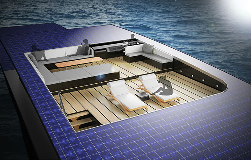 Amura,The use of solar panels benefits the environment and reduces noise while cruising.
